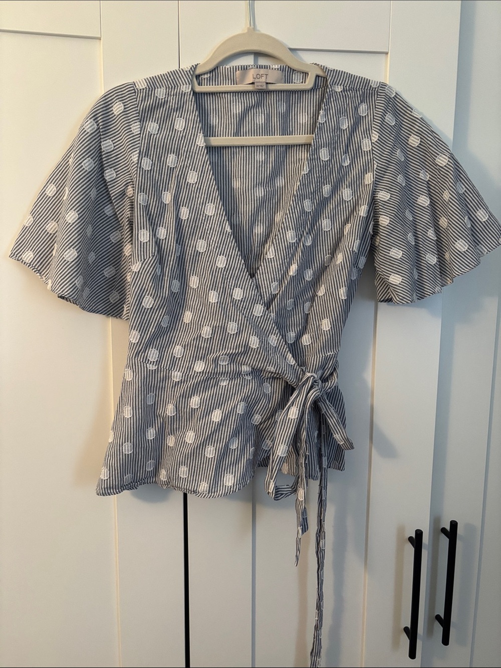 LOFT Navy Stripe with White Polka Dot Wrap Top